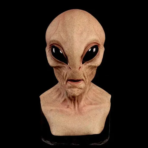 Vista 2 de Área 51 Máscara de látex de alienígena aterradora ovni para Halloween, terror, divertido casco de ojos grandes, fiesta terrestre, ET, de goma