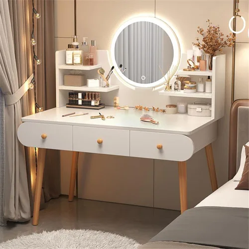 Vista 8 de Tocador con espejo iluminado, estilo simple, moderno, estándar, escritorio de madera, 2 cajones, tocador de maquillaje para dormitorio, vestidor