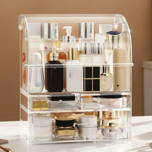 Vista 3 de Organizador de maquillaje acrílico grande transparente con tapa, cajones de almacenamiento de cosméticos, organizadores de maquillaje portátiles
