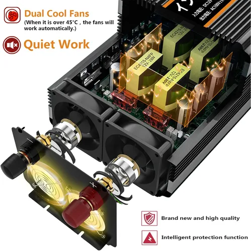 Vista 5 de SUDOKEJI - Inversor de corriente de 2500W, 12V DC a AC 110V/120V (pico) 5000W, convertidor con 3 tomas de corriente para automóvil, inversor