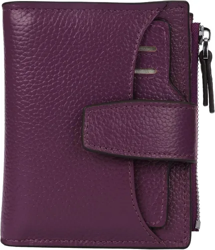 Vista 12 de Cartera de cuero con bloqueo RFID para mujer, pequeña, compacta, doble cremallera, con ventana para identificación