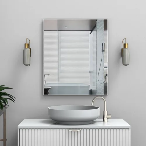 Vista 13 de Espejo de pared con estante para baño, 28 x 18 pulgadas, marco negro, espejos de pared para colgar horizontal o vertical, espejos modernos de pared
