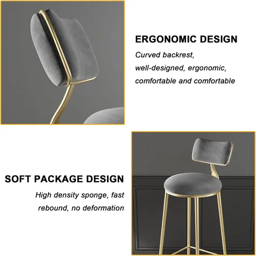 Vista 5 de Taburetes de bar de terciopelo modernos con respaldo y patas de metal dorado, cómodas sillas de bar altas tapizadas para cocina, isla de desayuno