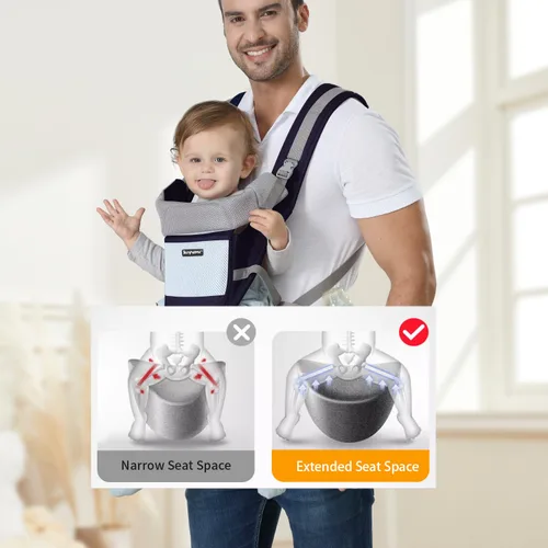 Vista 6 de KIYUMI Portabebés con asiento de cadera, posición M ergonómica, de recién nacido a niño pequeño, soporte para la cabeza y malla transpirable