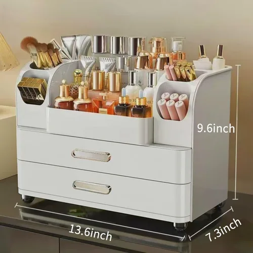 Vista 2 de Organizador de maquillaje con cajones para tocador, organizador de encimera de baño con soporte para brochas, organizador de almacenamiento