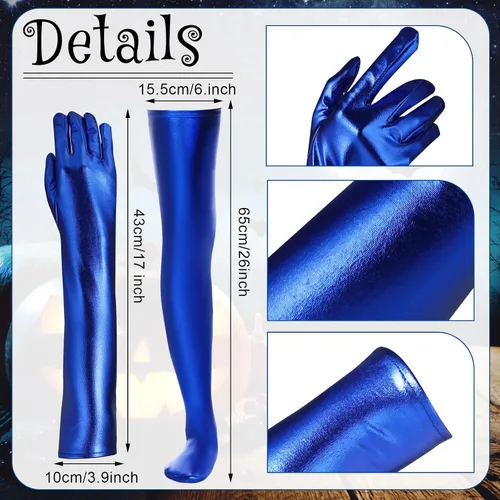 Vista 3 de Juego de 4 accesorios de disfraz de Halloween para disfraz de Halloween, plegable, color azul, elástico, de elastano, brillante, guantes largos