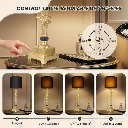 Vista 3 de Juego de 2 lámparas de mesa para sala de estar, lámparas táctiles regulables de 3 vías con puertos USB A+C, acabado en hoja de oro, lámparas