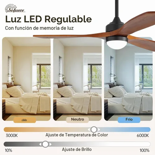 Vista 5 de Sofucor Ventilador de techo de madera maciza de 52 pulgadas, ventilador de techo de montaje empotrado y varilla descendente con luces y control