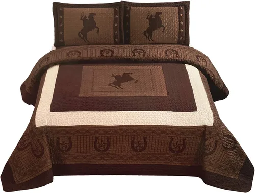 Vista 4 de Western Collection Colcha de lujo de 3 piezas con diseño de estrellas y caballos occidentales para el hogar, colcha de gran
