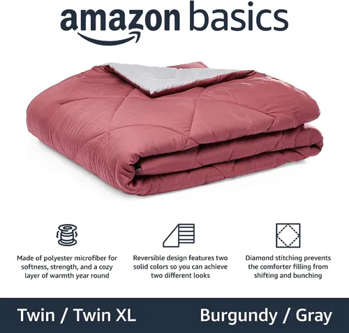 Vista 2 de Amazon Basics Manta reversible de microfibra ligera para todas las estaciones, individual/individual XL, borgoña/gris (paquete de 2)