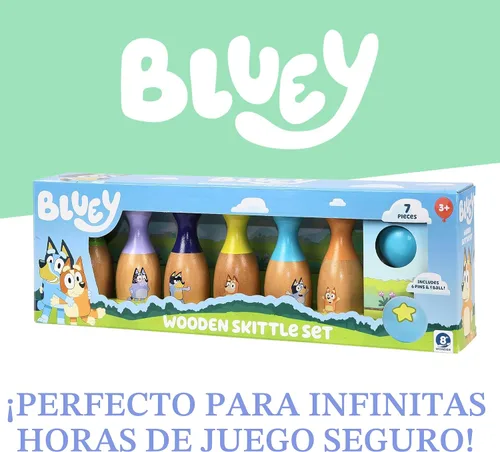 Vista 6 de Bluey Juego de Bolos de Madera – Juego de Bolos con 6 Pines de Bolos de Madera con Personajes, Juguete Duradero para Niños de 3+ Años, Juego