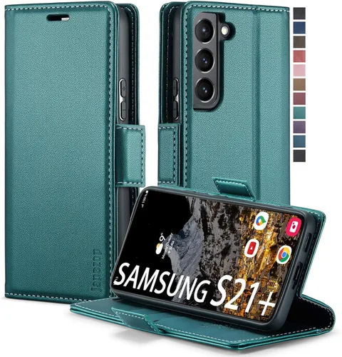 Vista 15 de Funda tipo cartera para Samsung Galaxy S21+ Plus 5G con bloqueo RFID, tarjetero y función atril magnético, funda de piel con tapa para Samsung Negro