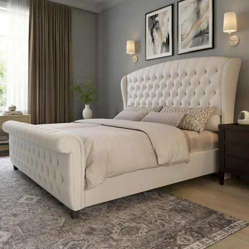 Vista 16 de LUXOAK Estructura de cama tapizada tamaño Queen con cabecera capitoné Negro
