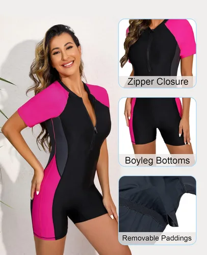 Vista 4 de Halcurt Traje de baño Boyleg de una pieza para mujer con protección solar UPF 50 con cremallera para surf