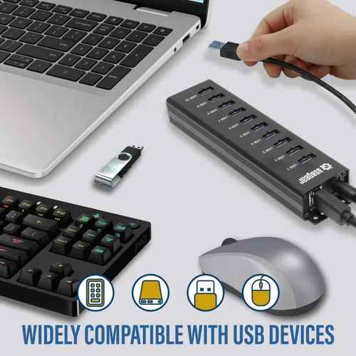 Vista 7 de USBGear Concentrador USB de 10 puertos 3.2 Gen 1 – Concentrador de datos supervelocidad montable con puertos USB para laptop, PC, escritorio y más