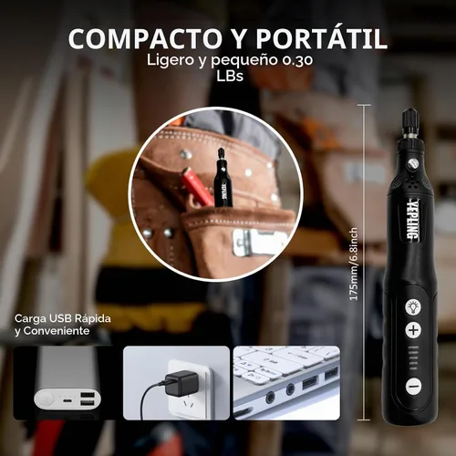 Vista 6 de Herramienta giratoria inalámbrica, kit de mini amoladora eléctrica de iones de litio de 3.7 V con luz de trabajo LED frontal, 5 velocidades