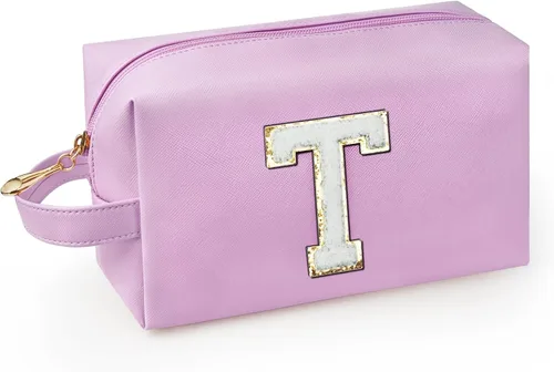 Vista 25 de Bolsa de maquillaje personalizada con inicial con asa, bolsa de cosméticos de preparación con bolsillo interior con cremallera, 8, 9, 10, 11, 12 Rosa