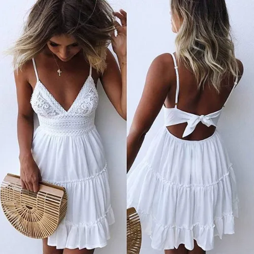Vista 4 de ECOWISH - Vestido corto sin mangas para mujer, diseño de vuelo estilo patinadora, cuello en V, tirantes delgados, con encaje, lazo y espalda