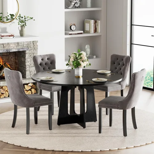 Vista 31 de Mesa de comedor redonda estilo granja para 6, mesa de cocina circular de 47" MDF con acabado de grano de madera, mesa de cocina y comedor de madera