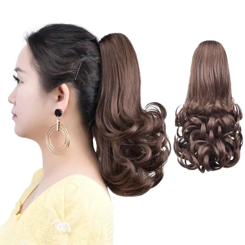 Vista 45 de Cola de caballo con clip, color castaño rojizo, ondulado de 10 pulgadas, extensión de cola de caballo de 3.3 onzas, extensiones de cabello sintético