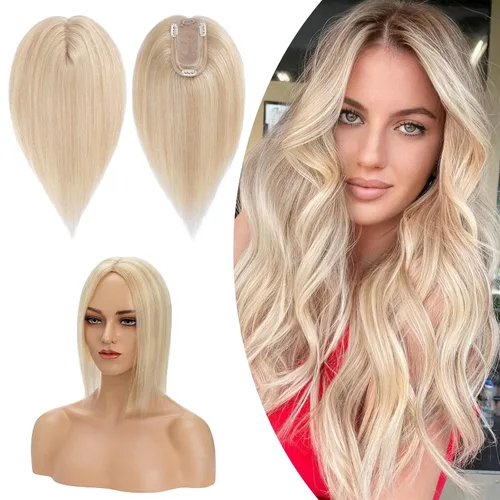 Vista 15 de Hairro Toppers de cabello humano 100% real para mujeres sin flequillo, postizos de cabello real con clip, base de seda transpirable para cubrir