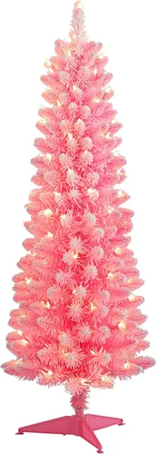 Vista 5 de Puleo International Árbol de Navidad artificial preiluminado de 4.5 pies con 100 luces, color azul