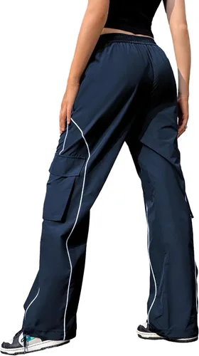 Vista 4 de Pantalones de paracaídas para mujer, pantalones cargo Y2k de tiro bajo, ropa de calle, pierna ancha, pantalones deportivos holgados