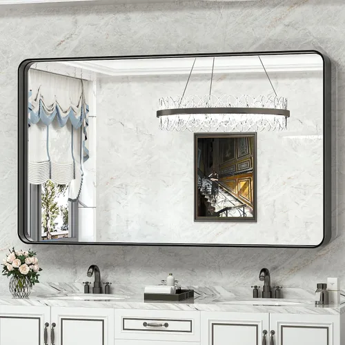Vista 111 de TokeShimi Espejo de pared de baño de níquel cepillado de 20 x 30 pulgadas, marco de metal, esquina redonda, rectangular, para decoración del hogar