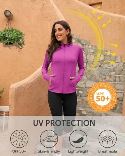 Vista 6 de We1Fit Chaqueta de protección solar UPF 50+ para mujer, sudadera con capucha para senderismo, correr, atlética
