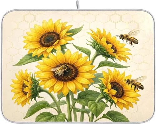Vista 12 de Tapete de secado de platos, girasoles en madera, tapete de secado reversible absorbente de flores, tapete de secado de platos, tapete para secar