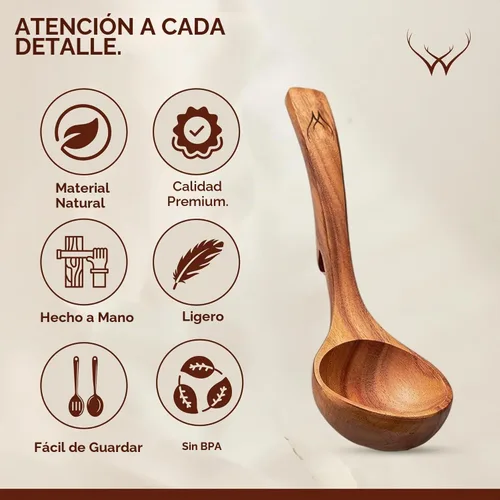 Vista 7 de Prime - Juego de cucharón de madera de teca con soporte para cuchara, cucharón de sopa grande y profundo con mango de gancho para cocinar, servir