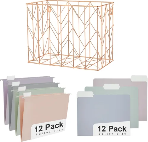 Vista 11 de Y YOMA Organizador de archivos colgantes, tamaño carta, de metal dorado rosa, cesta de almacenamiento para oficina en casa, 1 paquete, con juego