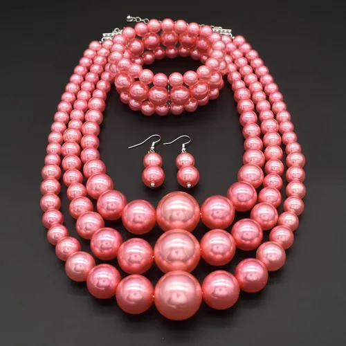 Vista 2 de JNF - Juego de collar y aretes de perlas grandes grandes de múltiples hebras, collar de perlas gruesas para mujer