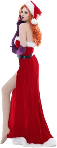 Vista 5 de VEECOOCOS Jessica - Disfraz de conejo para mujer vestido rojo sexy con sombrero de Navidad