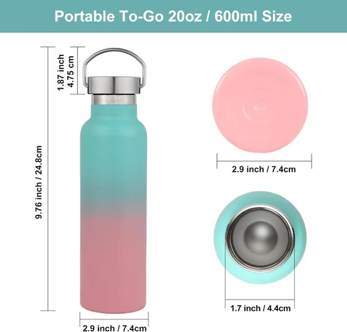 Vista 5 de Neihepal Botellas de agua de acero inoxidable con gradiente, botella de viaje de doble pared con aislamiento al vacío de 20 onzas (590 ml) con tapa