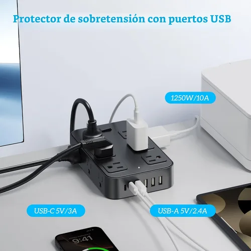 Vista 4 de Tira de alimentación con enchufe plano, protector de sobretensiones, cable de extensión de 5 pies con 12 tomas de corriente alterna, 6 puertos USB