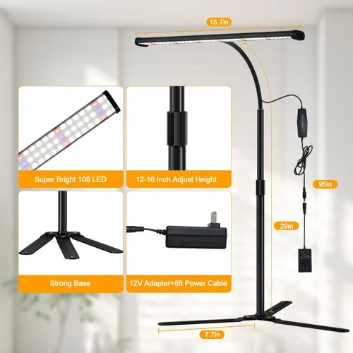 Vista 7 de Luz de Cultivo Superbrillante para Plantas de Interior, Lámpara de Plantas de Espectro Completo de 108 LEDs 6000K con Temporizador de 4/8/12Hrs