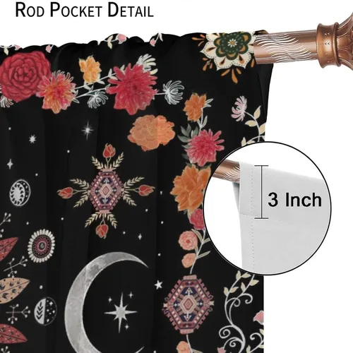 Vista 5 de Cortinas bohemias de fases lunares con diseño de mandala rojo y negro, bohemio, floral, gótico, iluminado por la luna, juego de 2 paneles para Luna
