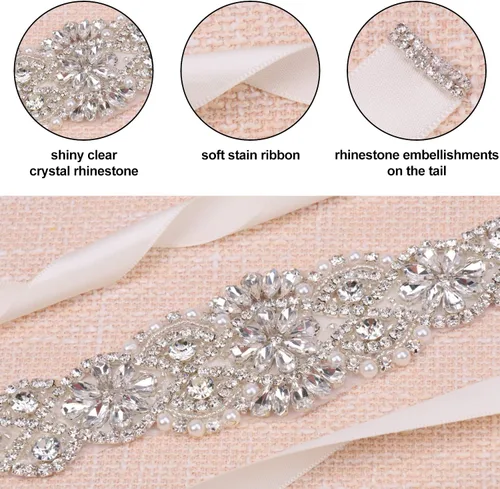 Vista 3 de Cinturón nupcial para mujer con diamantes de imitación para boda con perlas de cristal para vestidos y vestidos