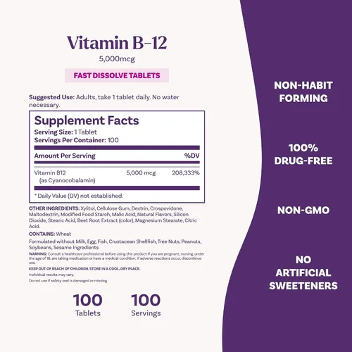Vista 4 de Natrol Vitamina B12 hff Fast disolver Suplementos nutricionales, Fresa, 5000 mcg, KTS-3053, 1, 1