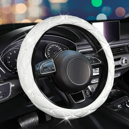 Vista 13 de SuperKaKa Funda para volante negra y roja, accesorios de interior de automóvil de estilo diamante con brillo lindo y cómodo, protector brillante que