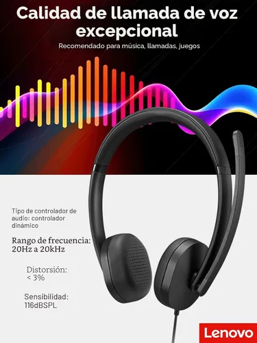 Vista 2 de Lenovo 115 Auriculares con cable estéreo USB-A/USB-C – Ligeros, con cancelación de ruido, caja de control en línea, adaptador USB-A a USB-C, diseño