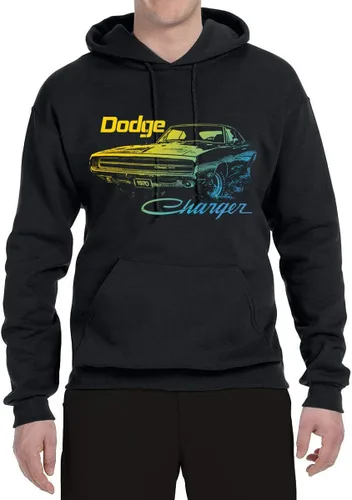 Vista 3 de Wild Bobby 1970 Dodge Charger Classic Neon Retro Silhouette - Sudadera con capucha unisex con estampado de autos y camiones