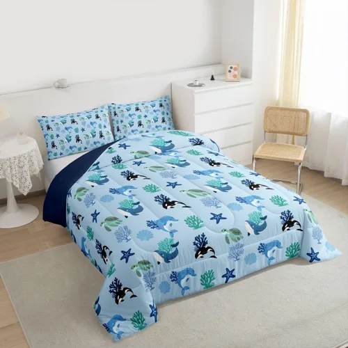 Vista 5 de Erosebridal Blue Ocean - Juego de edredón tamaño individual Juego de ropa de cama de ballena delfín y tortuga marina para niños y niñas, juego