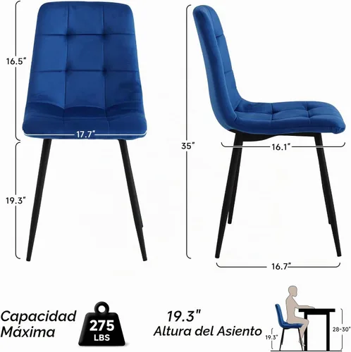 Vista 3 de Juego de 4 sillas de comedor de terciopelo azul para cocina