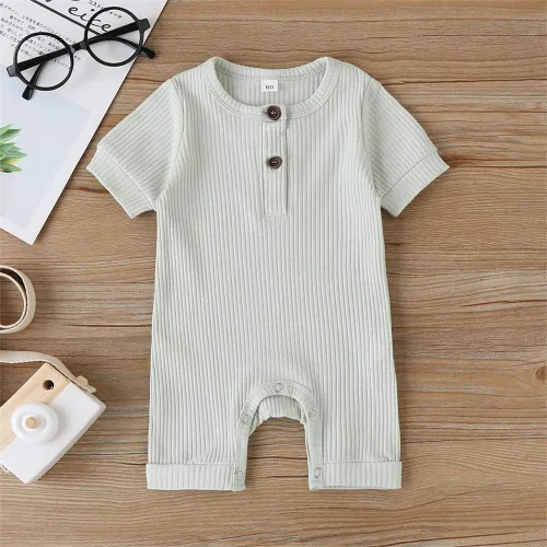 Vista 8 de Mameluco unisex de manga corta para bebé recién nacido, con botones, de una pieza, ropa de color sólido