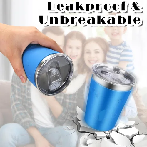 Vista 4 de ShineMe Vasos de acero inoxidable para niños, paquete de 2 tazas para niños con tapas y bonitas mangas de personajes espaciales, vasos antiderrames