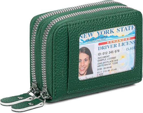 Vista 15 de RNIEGA Cartera pequeña de piel con bloqueo RFID para tarjetas de crédito, cartera pequeña para mujer, doble cremallera con ventana de identificación
