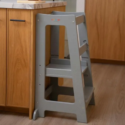Vista 7 de Taburete de madera ajustable de 3 niveles para niños pequeños, color gris