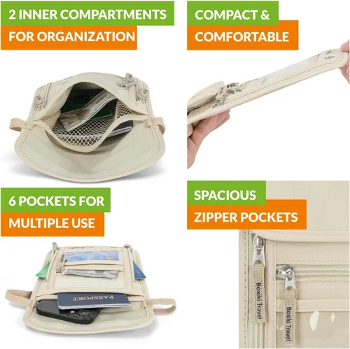 Vista 3 de Boxiki Travel Cinturón de dinero oculto para hombres y mujeres, cintura con bloqueo RFID para pasaporte, cartera y teléfono, seguro y seguro